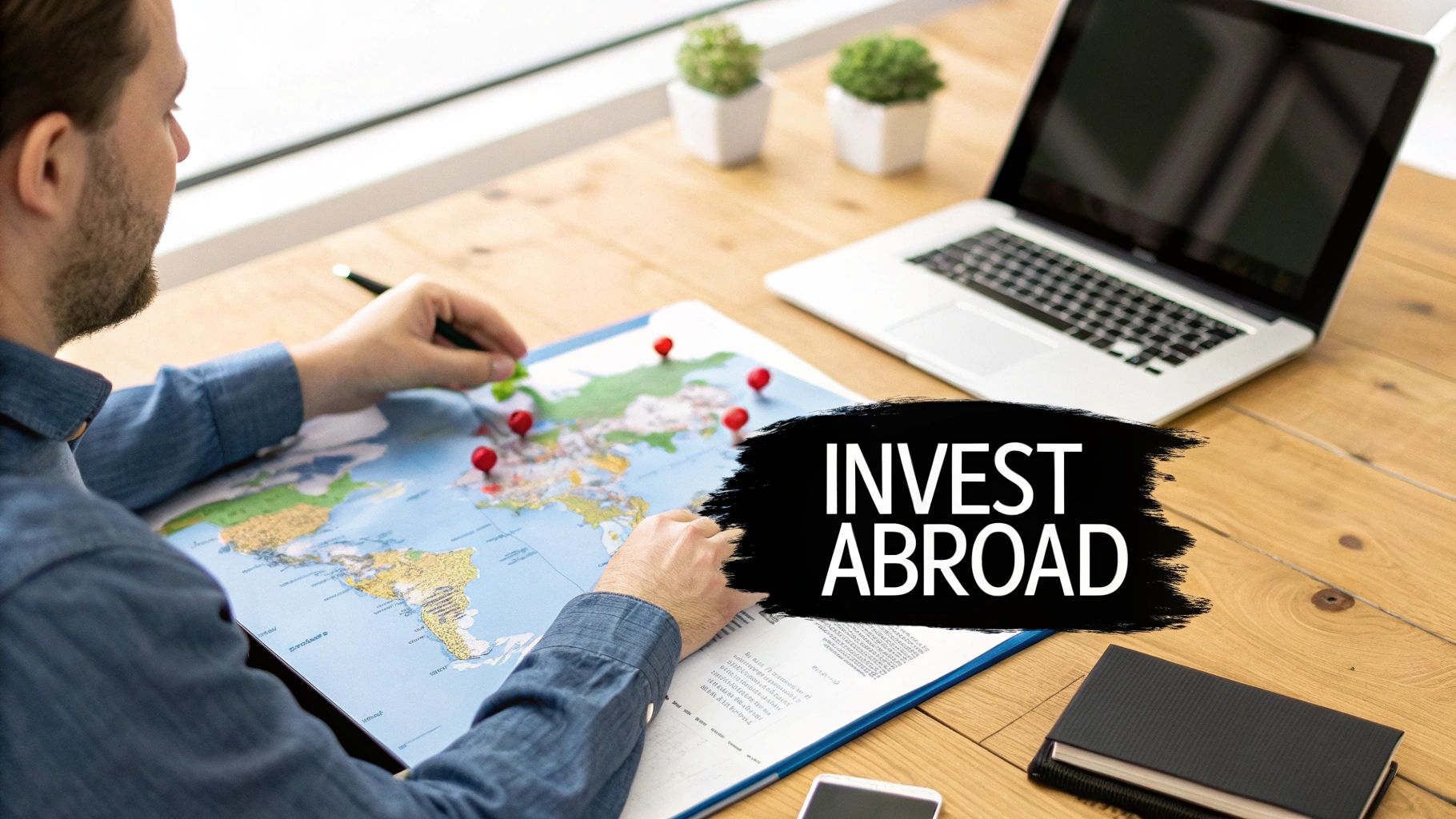 A man studies a world map with pins, planning global investments, with a laptop on the desk.