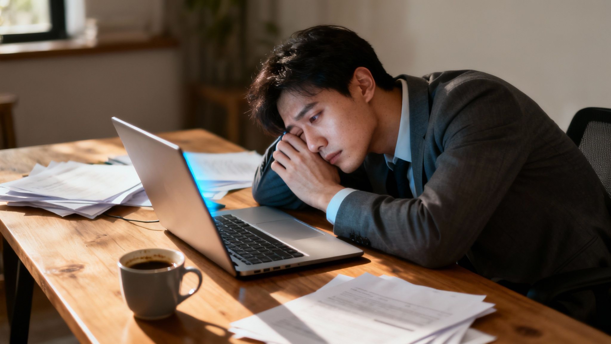 A person looking tired and drained while working at a desk