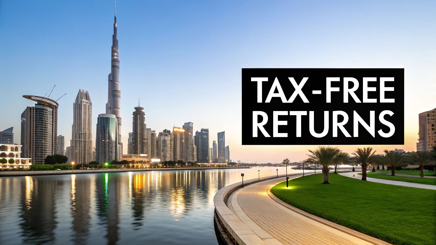 Dubai skyline at dusk with skyscrapers, water reflections, green park, and 'TAX-FREE RETURNS' text.