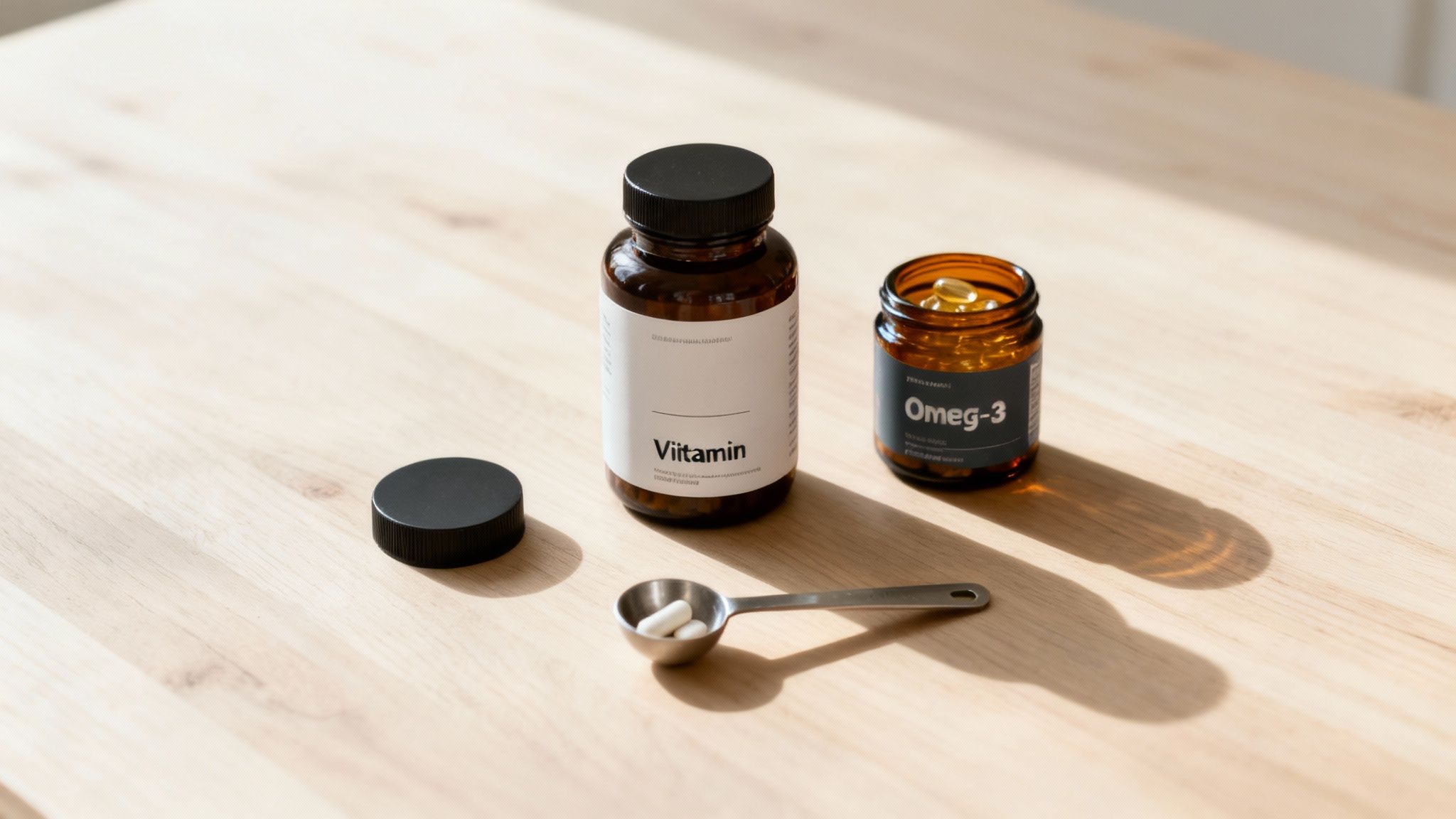 A collection of different vitamin bottles and pills spread out on a wooden surface.