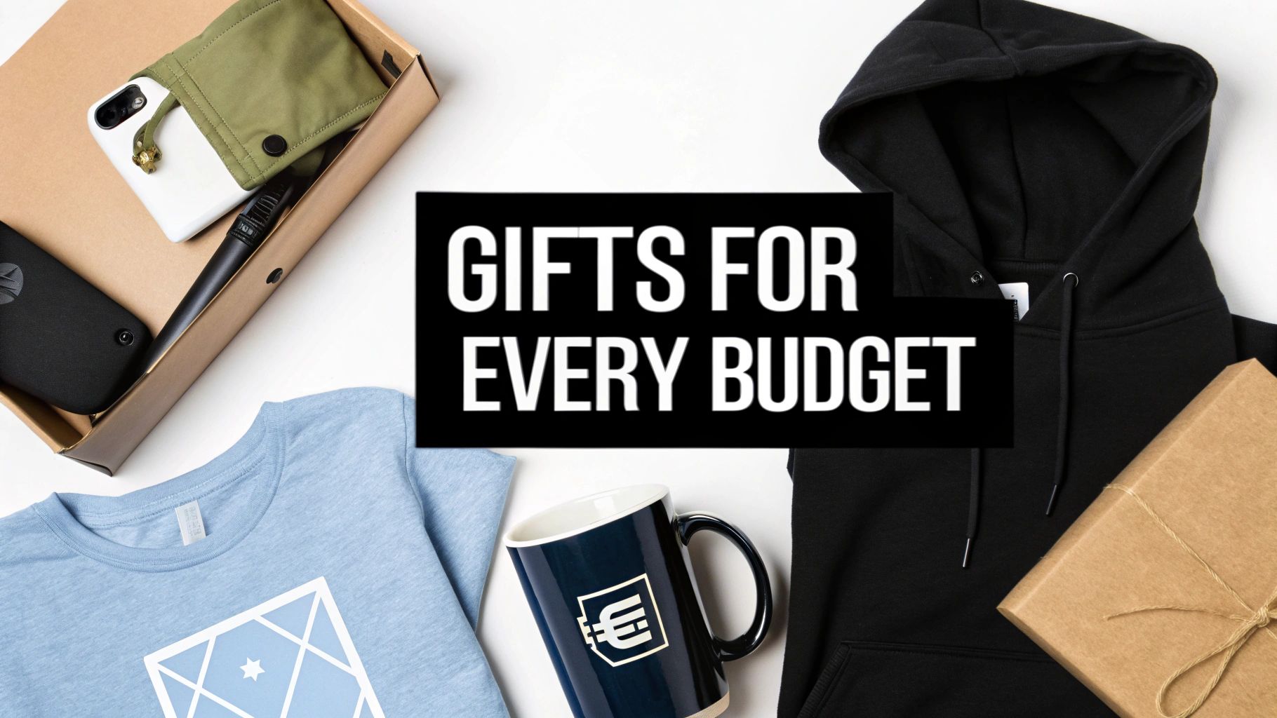A flat lay of various gifts, including a black hoodie, blue t-shirt, mug, and tech in a box.