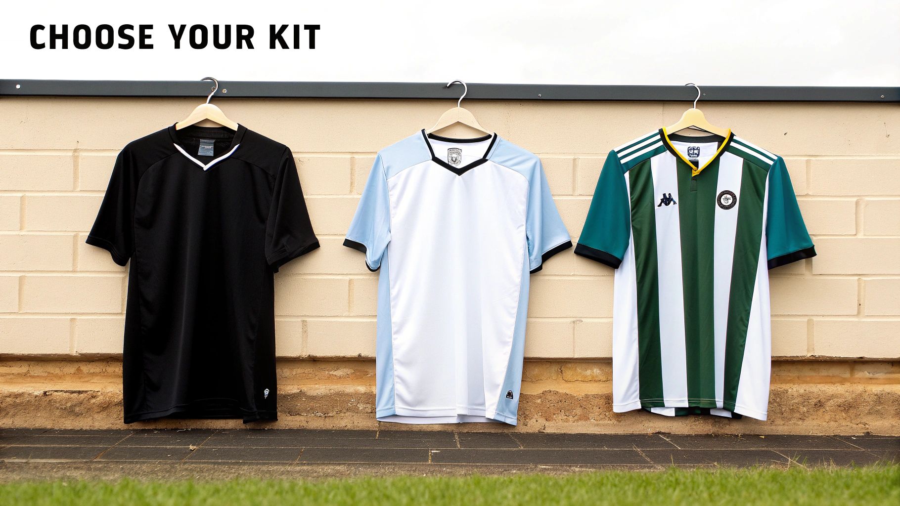 A close-up shot of home, away, and third kits hanging together.