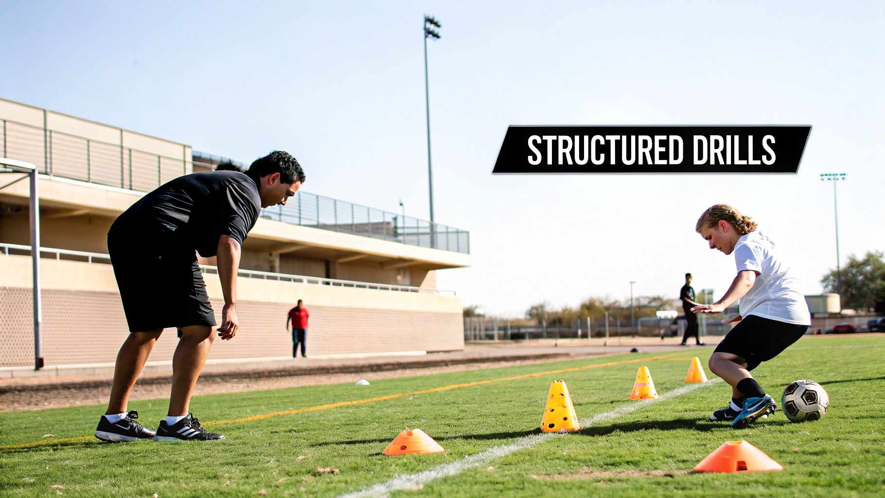A group of soccer players participating in a structured drill using cones.