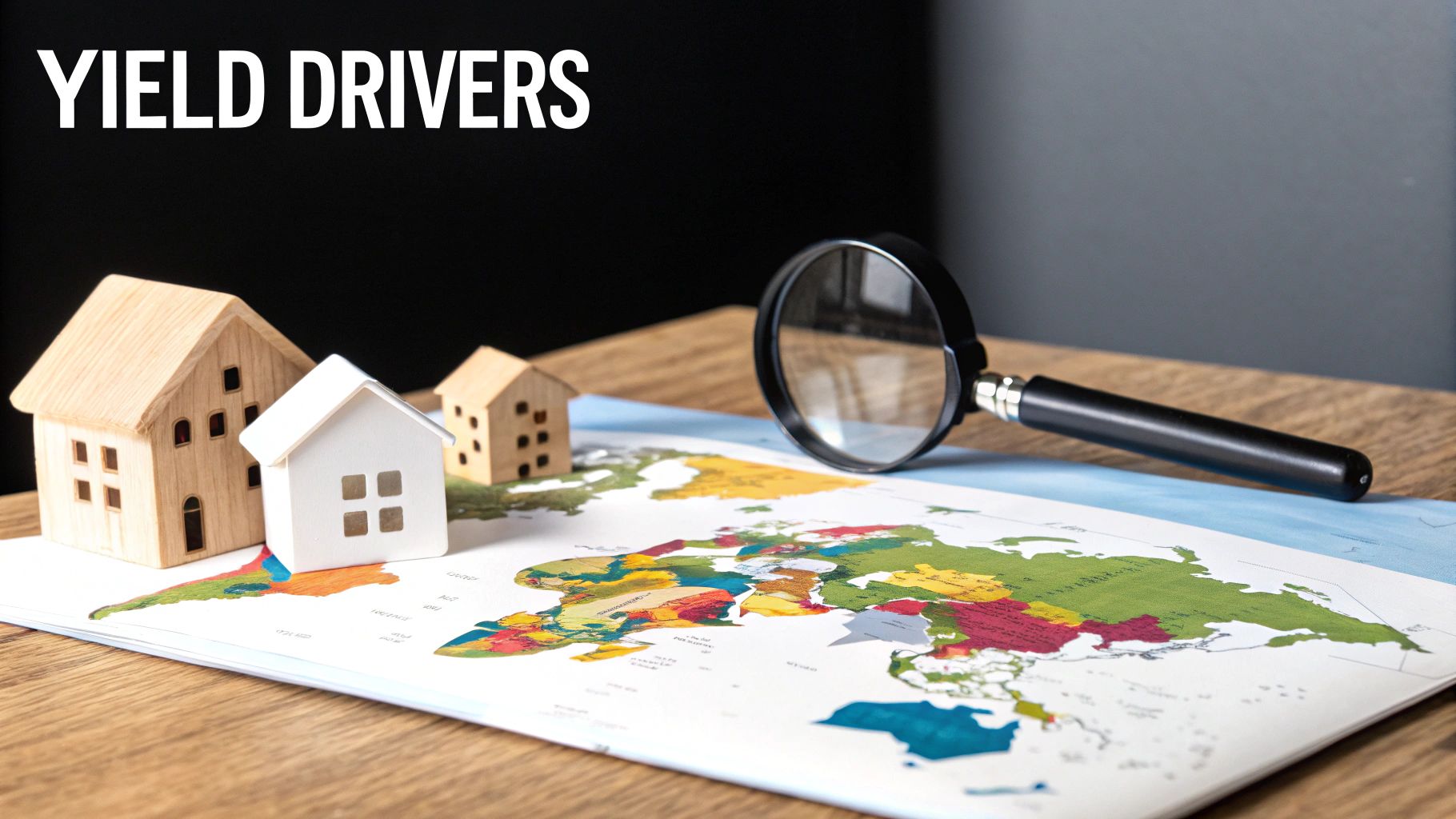 Miniature houses, a magnifying glass, and a world map on a wooden table with text 'YIELD DRIVERS'.