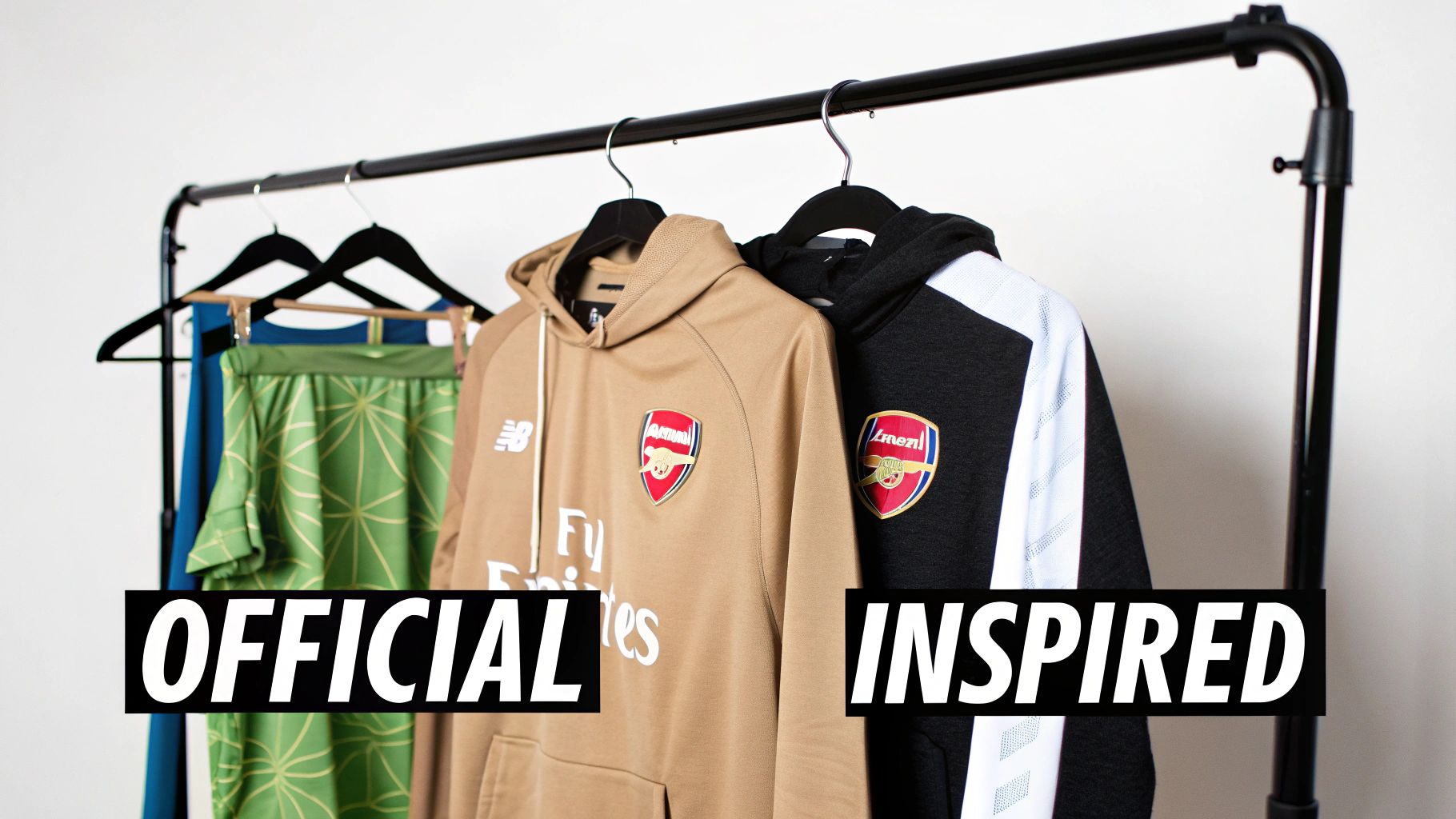 Two Arsenal football club hoodies, one official and one inspired, displayed on a clothing rack.