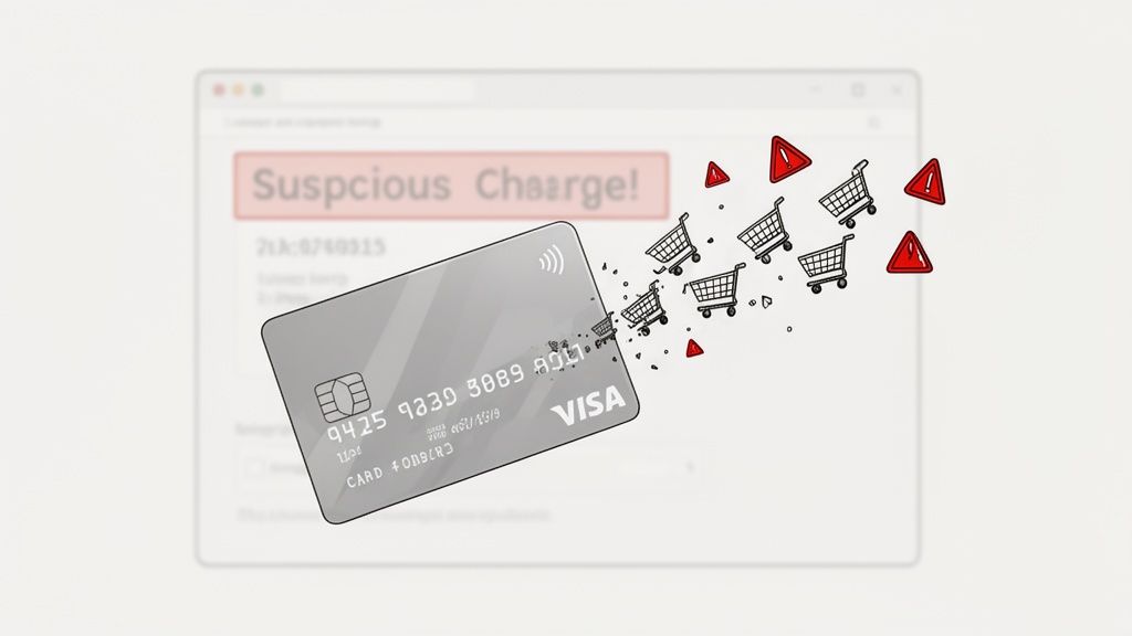 Illustration of a credit card breaking apart with shopping carts and warning signs, indicating a suspicious charge.