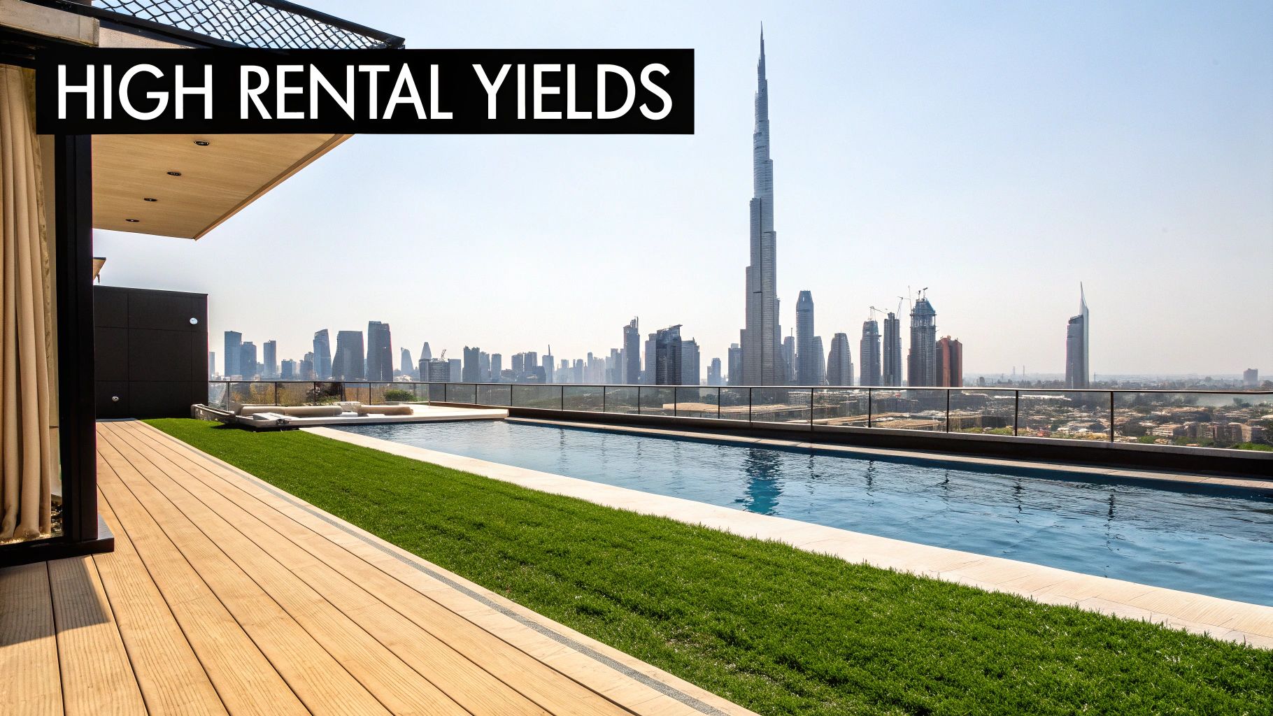 Luxurious rooftop pool and deck with a stunning panoramic view of the Dubai city skyline, including the Burj Khalifa.