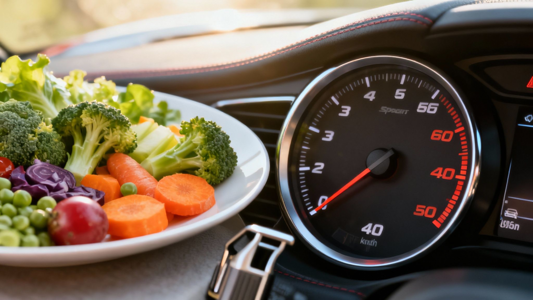 A woman in her forties smiling while preparing a healthy meal with fresh vegetables in a bright kitchen.