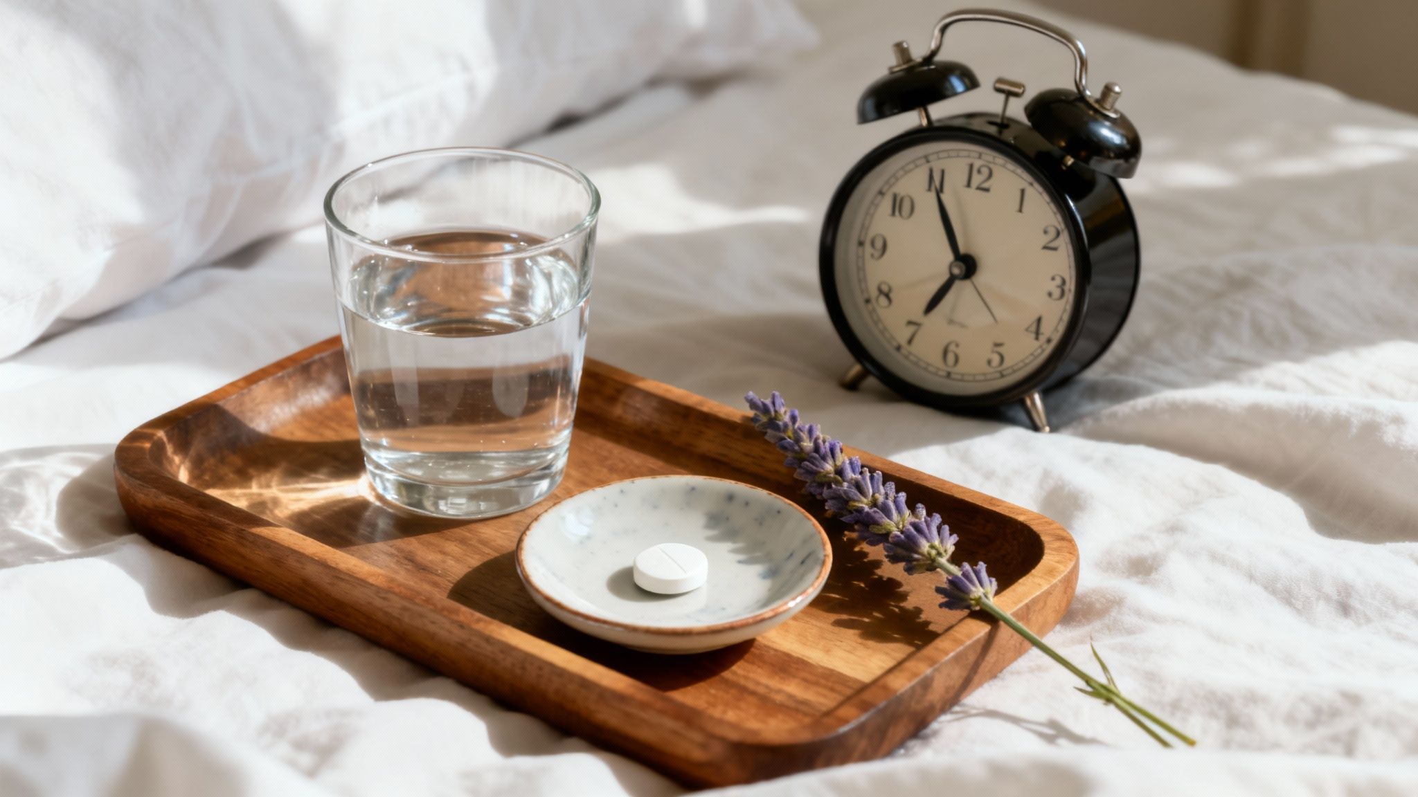 A wooden tray on a white bed with a glass of water, a pill, lavender, and an alarm clock.