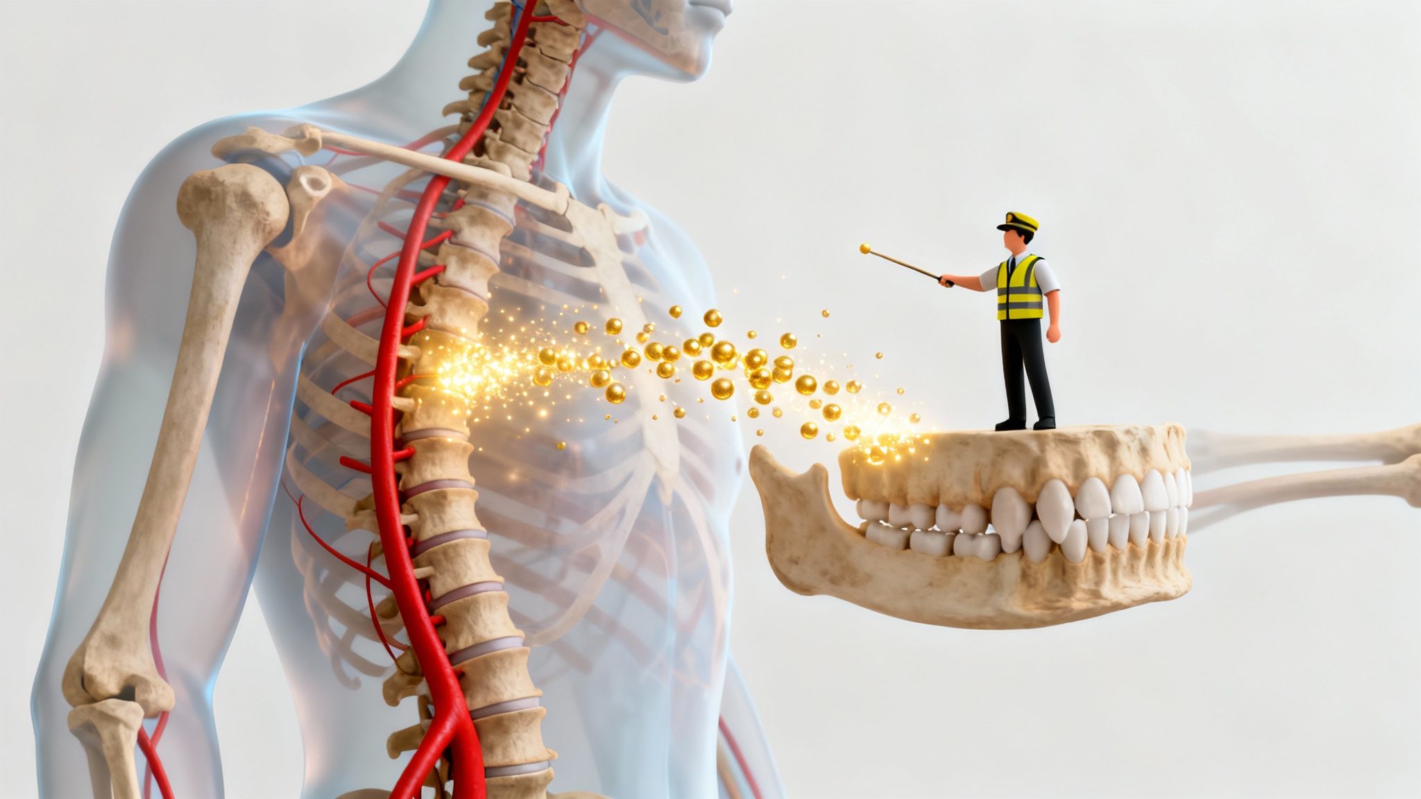A small conductor figure directs golden particles from a glowing human spine to a jawbone with teeth.