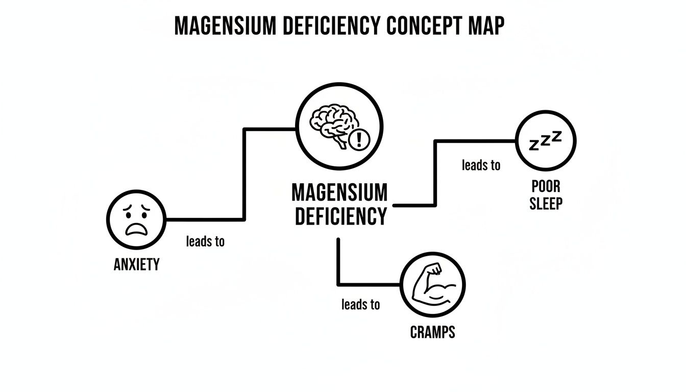 Concept map illustrating magnesium deficiency and its symptoms like anxiety, poor sleep, and muscle cramps.