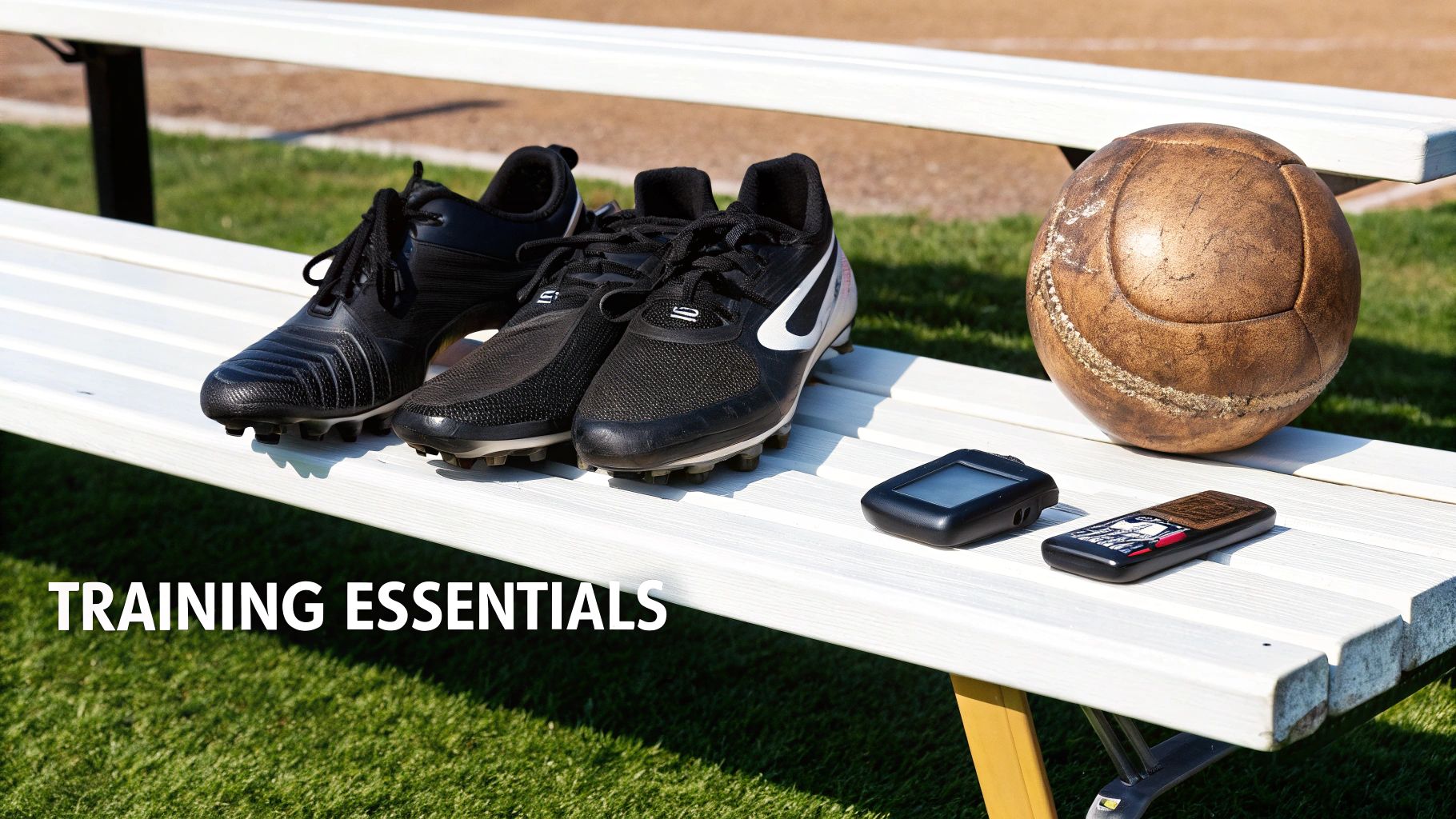Football cleats, a vintage soccer ball, and sports tracking devices rest on a white bench.