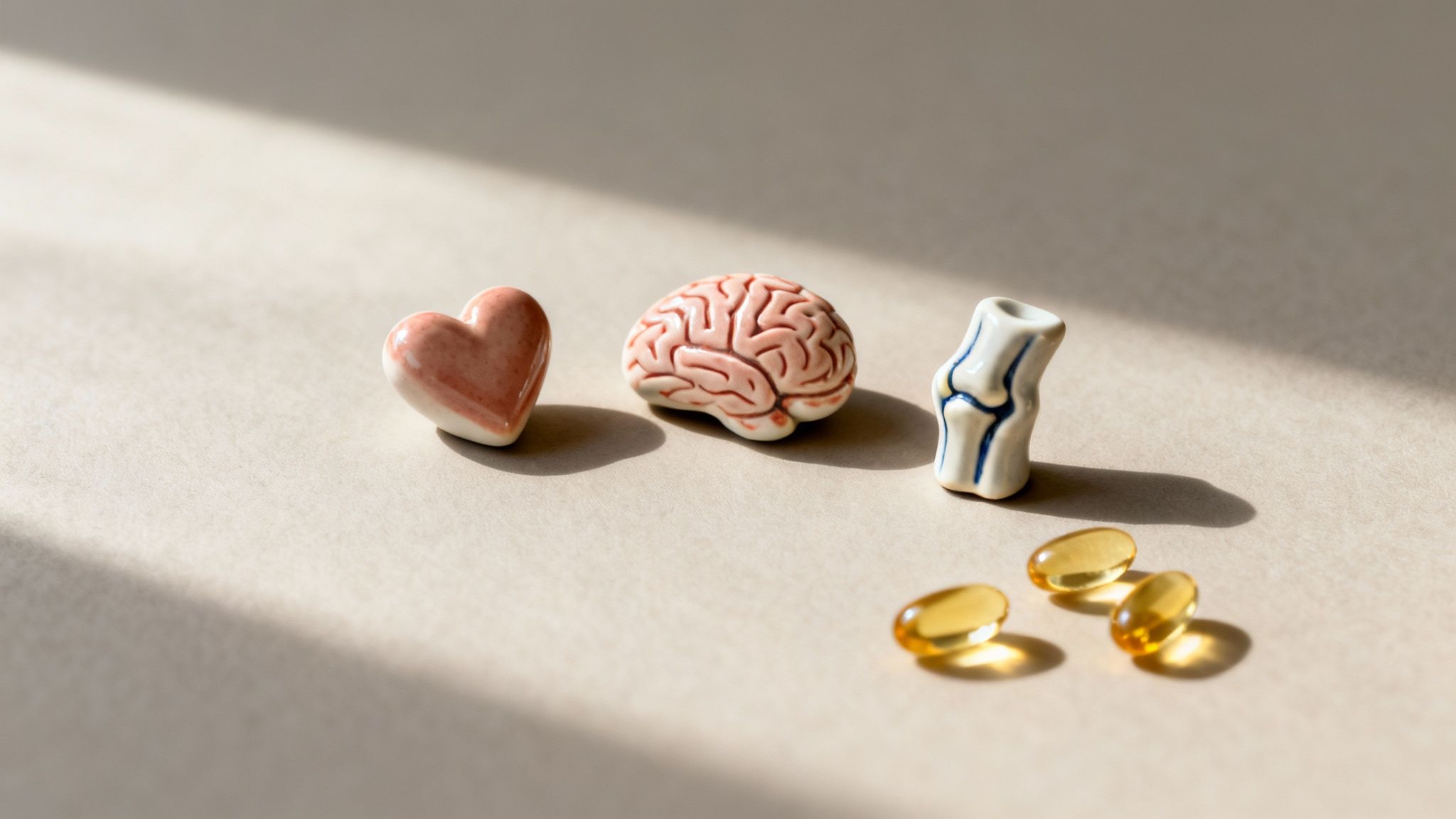 Miniature heart, brain, and knee models with yellow supplement capsules on a light surface.