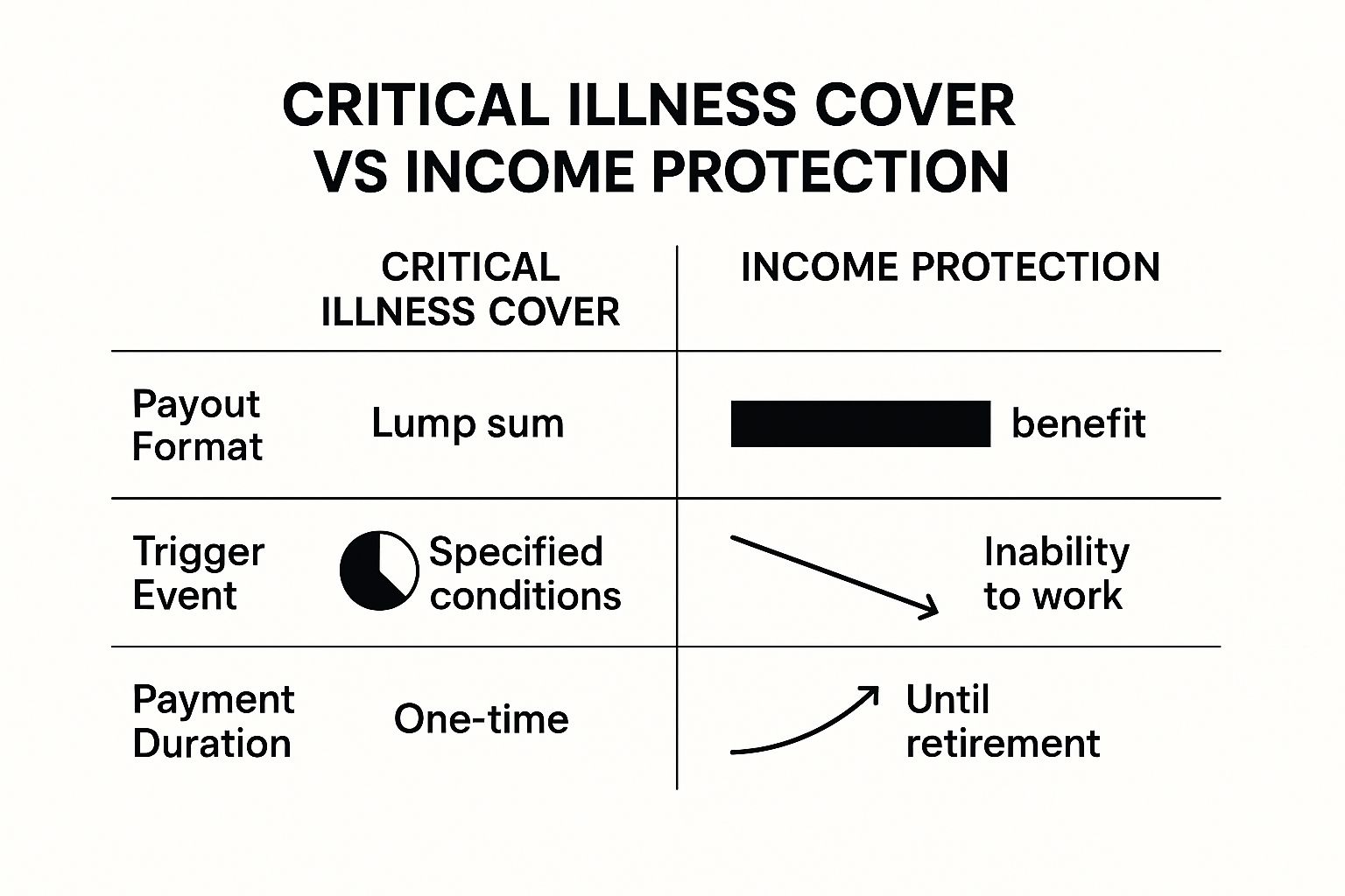 Infographic comparing the payout format, trigger event, and payment duration of Critical Illness Cover and Income Protection.