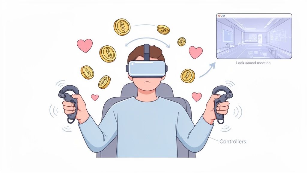 An illustration of a person using a VR headset and controllers, surrounded by virtual coins and hearts.