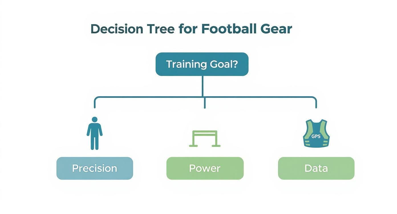 Infographic decision tree showing choices for advanced football gear based on training goals like Precision, Power, or Data.