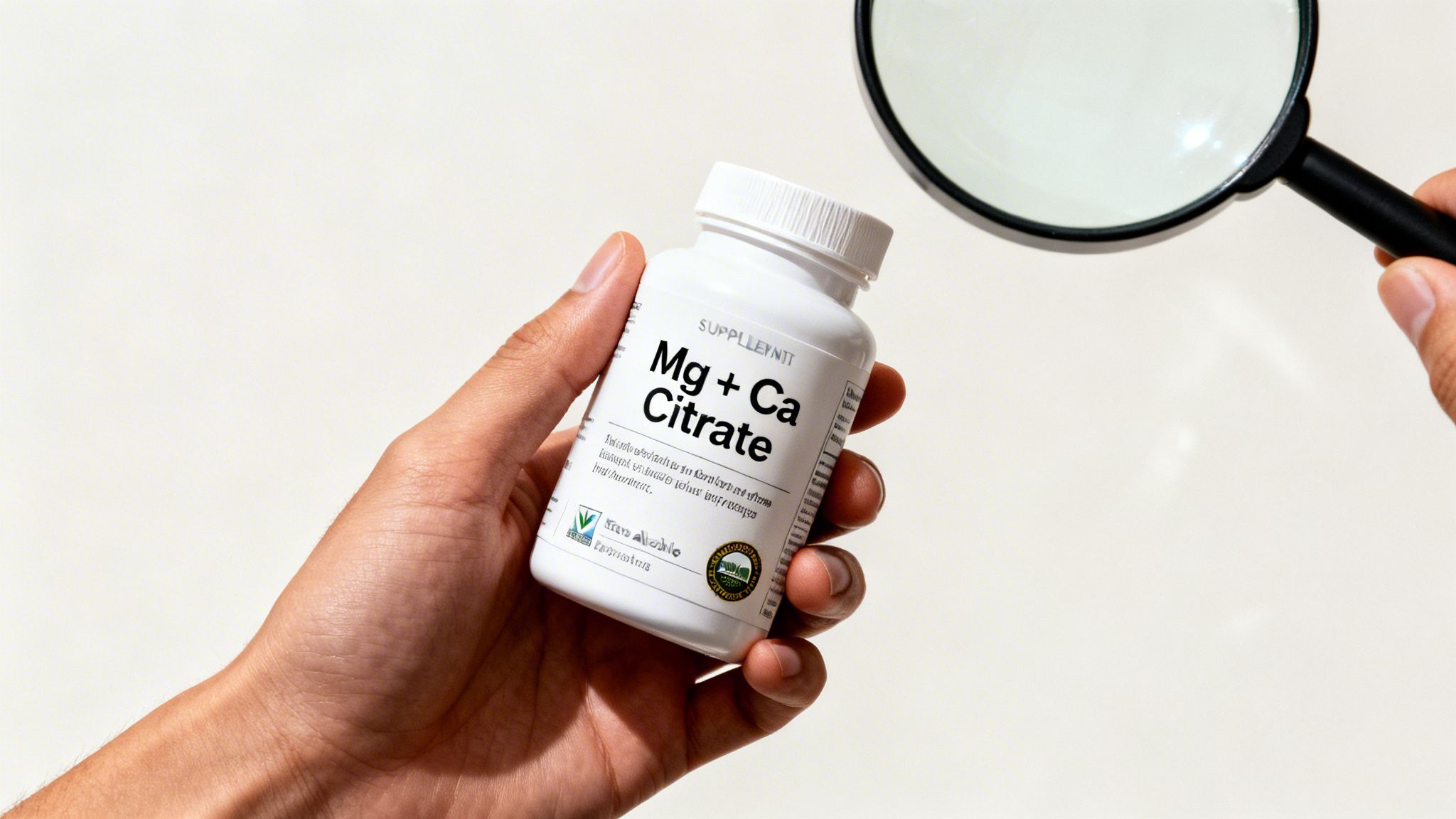 Close-up of a hand holding a magnesium and calcium citrate supplement bottle, with a magnifying glass.