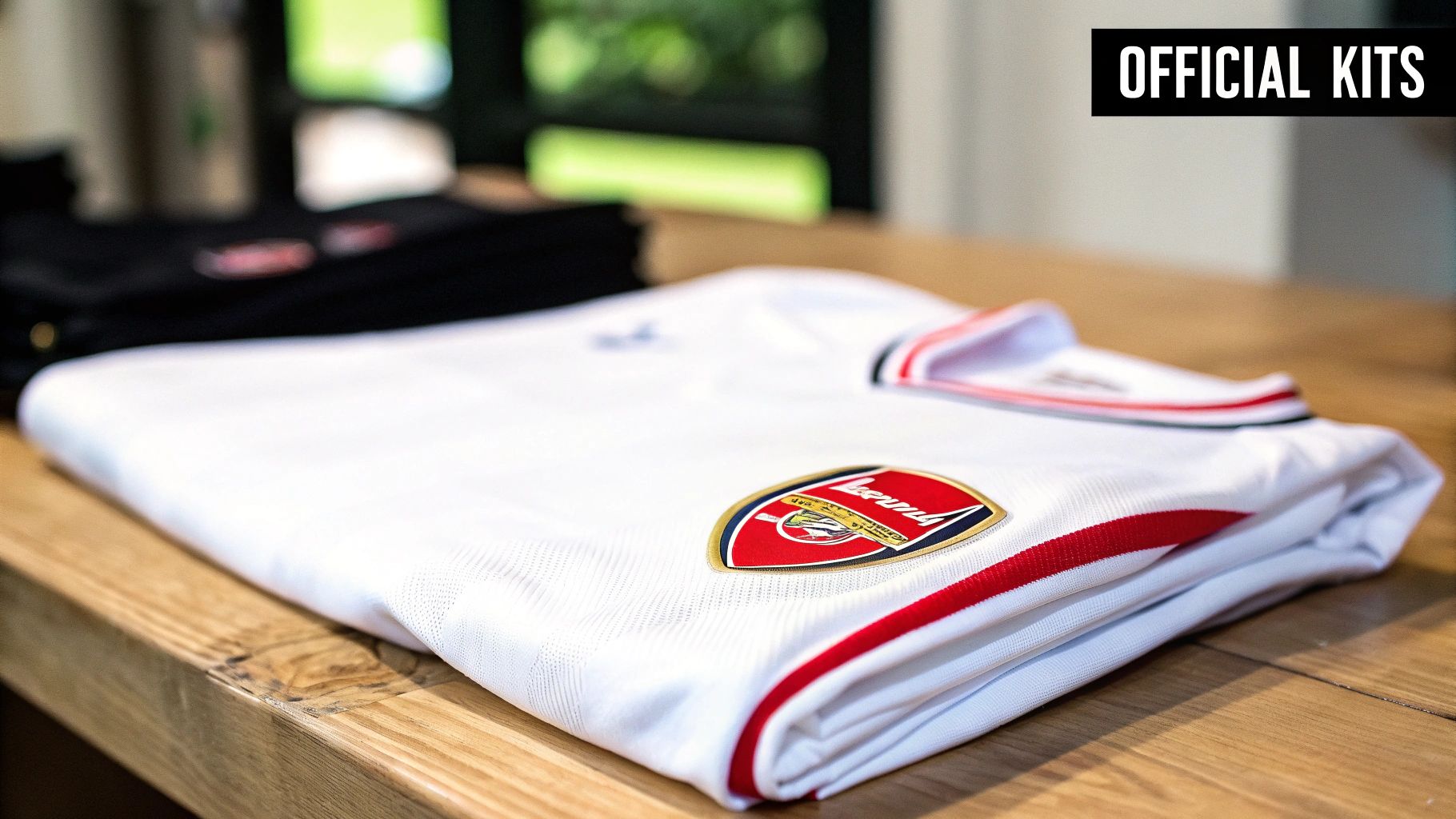 A folded white Arsenal football jersey with red and black trim and club crest.