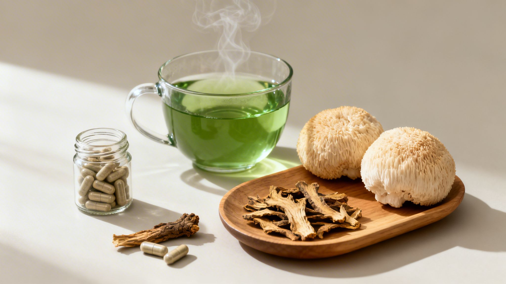 A collection of natural health supplements featuring lion's mane mushrooms, capsules, and green tea.
