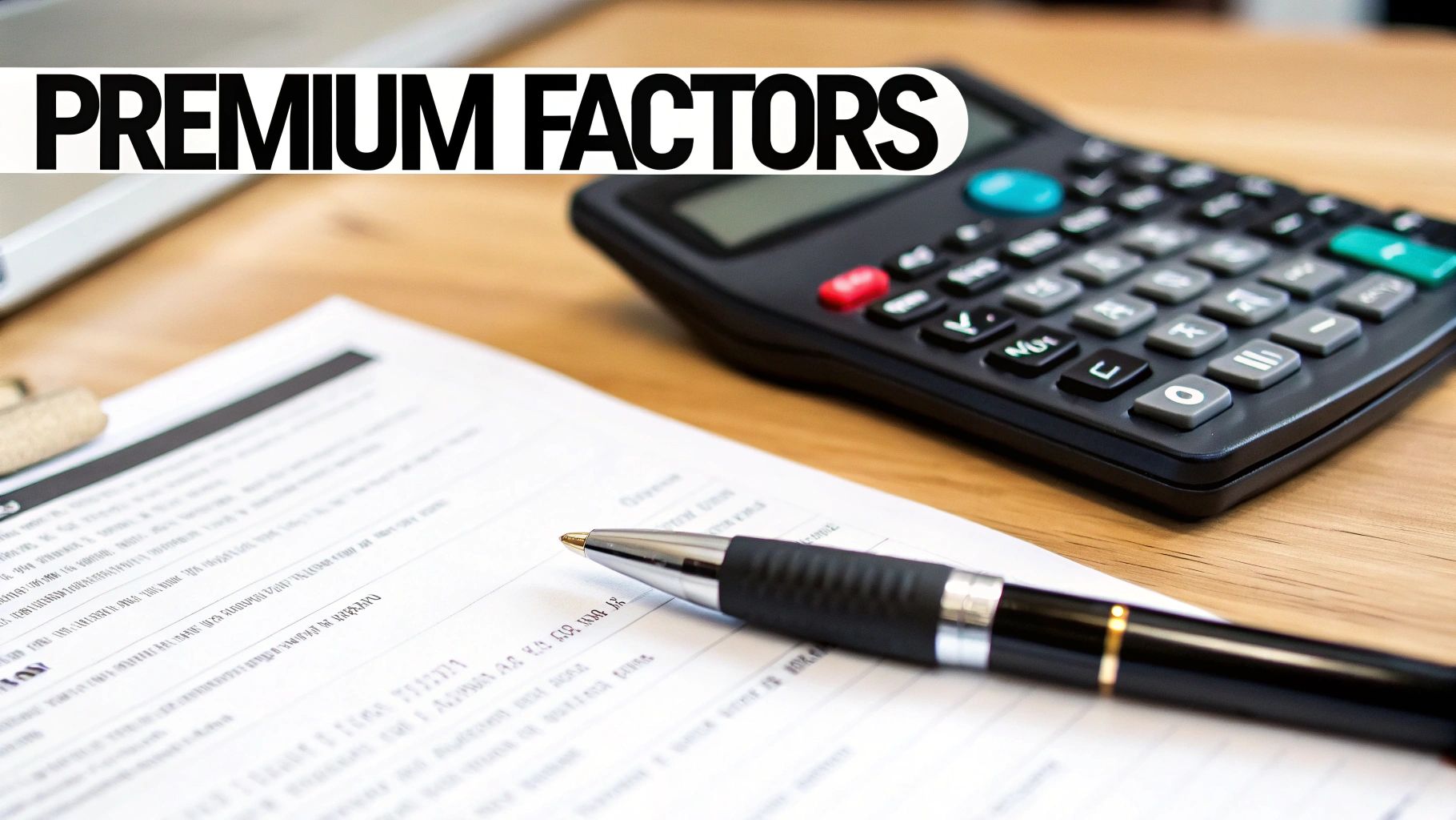 A calculator, pen, and insurance documents on a desk, representing the calculation of premiums.