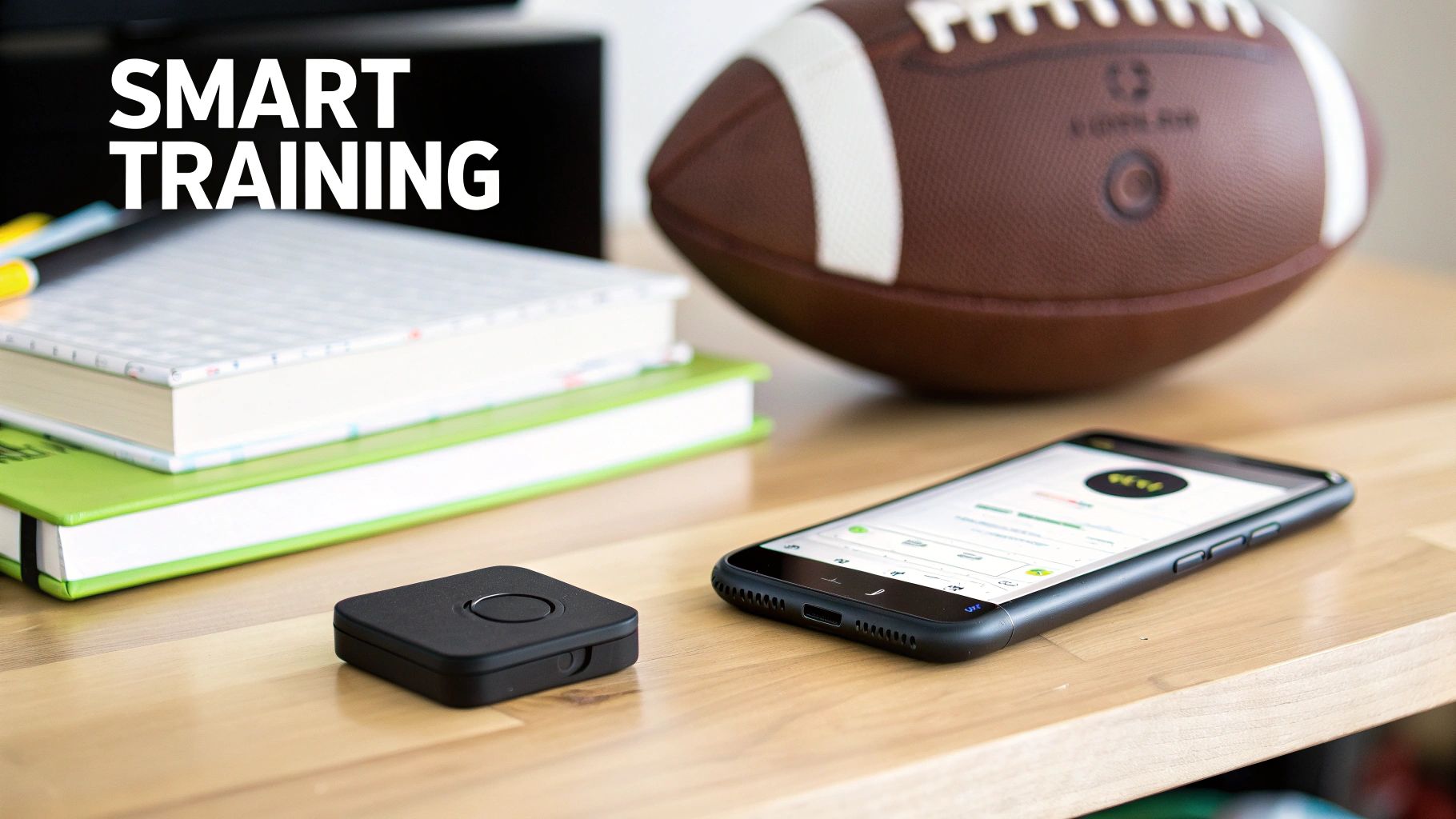Smart training setup with phone, sensor, books, and a football on a wooden table.