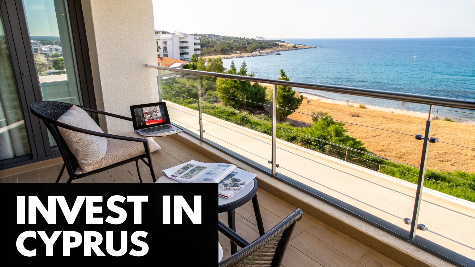 Luxury beachfront balcony in Cyprus with ocean view, ideal for property investment opportunities