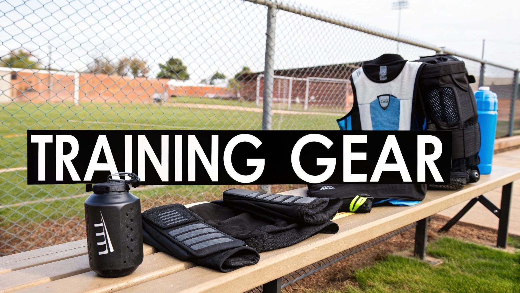 Sports training gear, including a vest, pads, and water bottles, laid on a bench near a sports field.