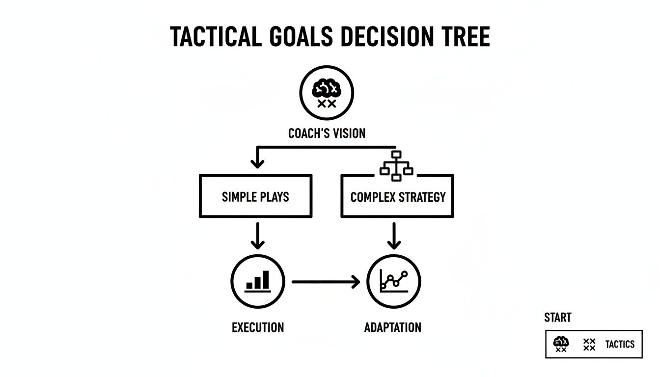 Decision tree for tactical goals, illustrating coach's vision leading to simple plays or complex strategy, ending in execution and adaptation.