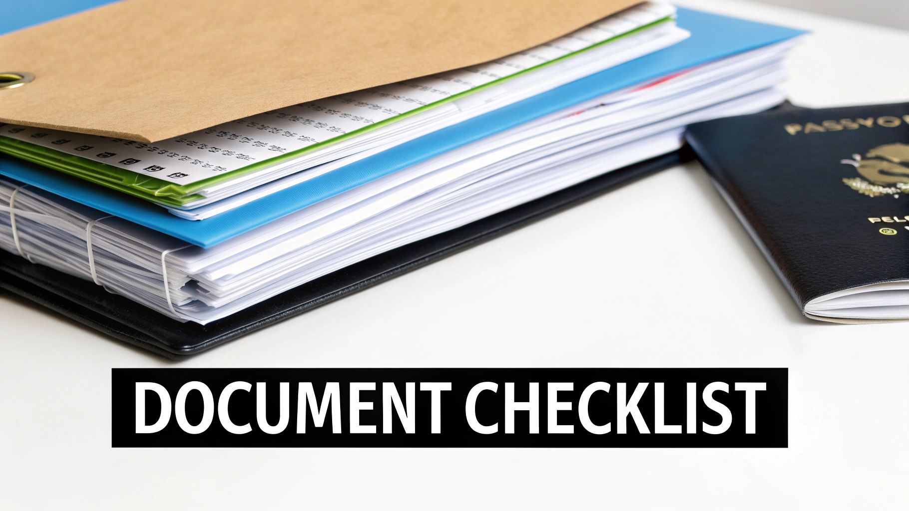 A stack of neatly organized documents, files, and a passport, with a 'DOCUMENT CHECKLIST' banner.