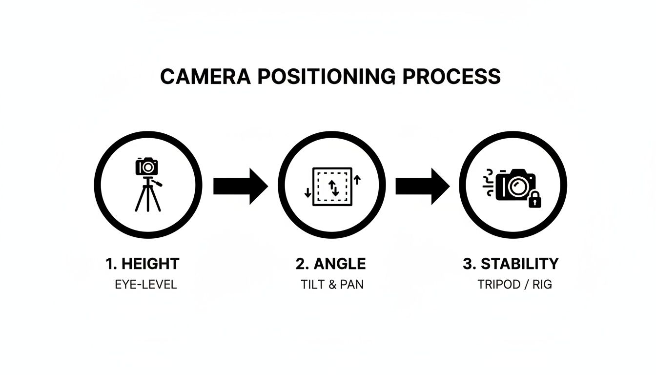 Infographic showing the three steps of camera positioning: height, angle, and stability.