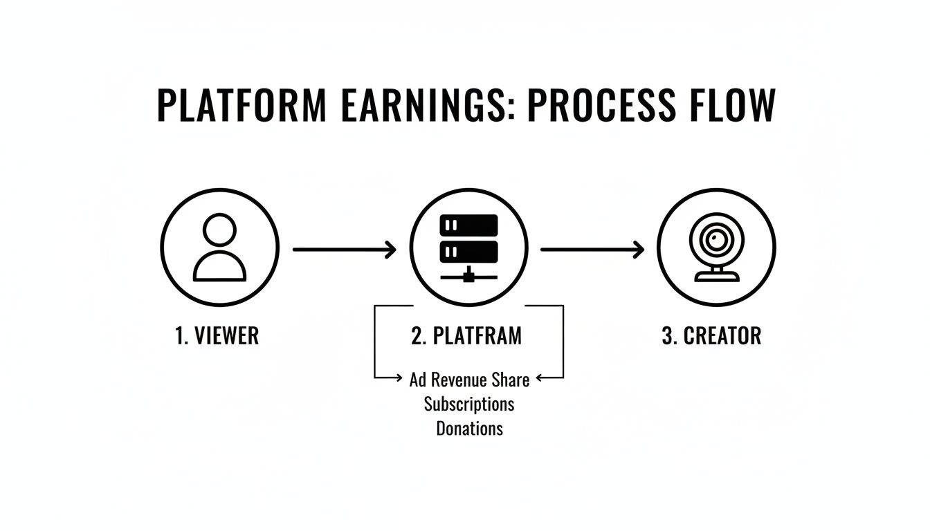 Platform earnings process flow showing viewers generating revenue via ads, subscriptions, and donations, then distributed to creators.