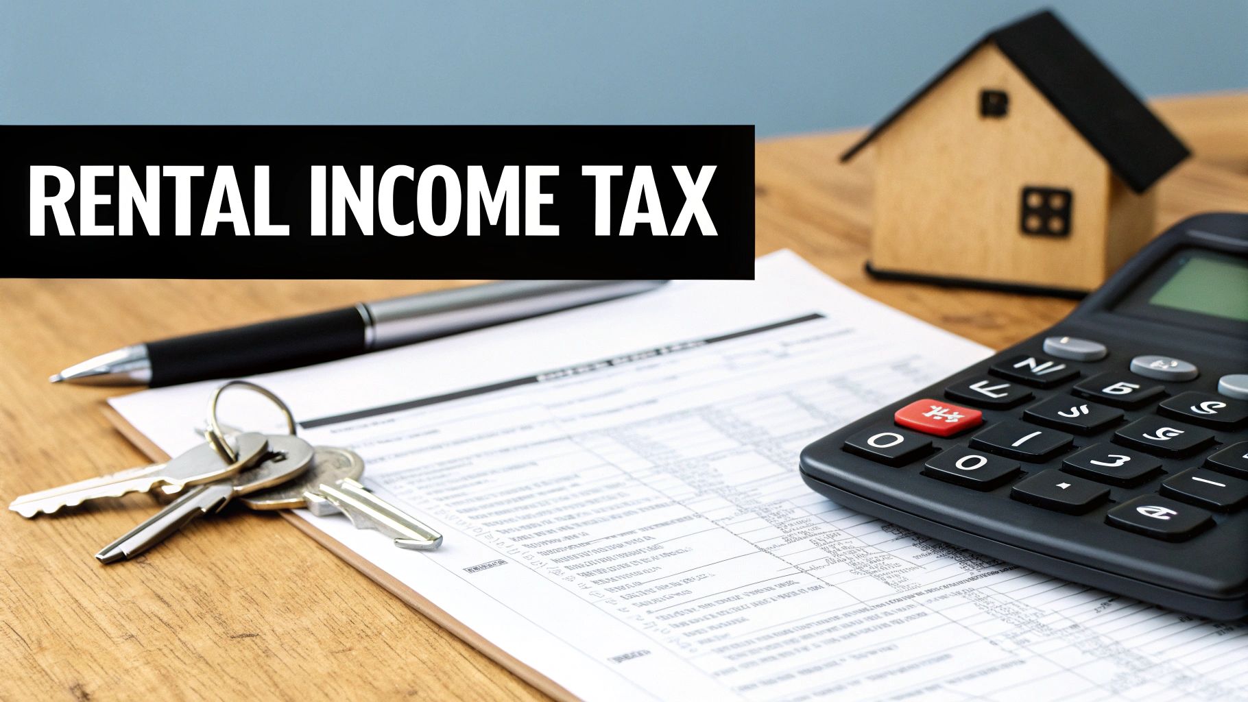 A desk with 'RENTAL INCOME TAX' text, a calculator, house model, keys, and tax documents, implying financial planning.
