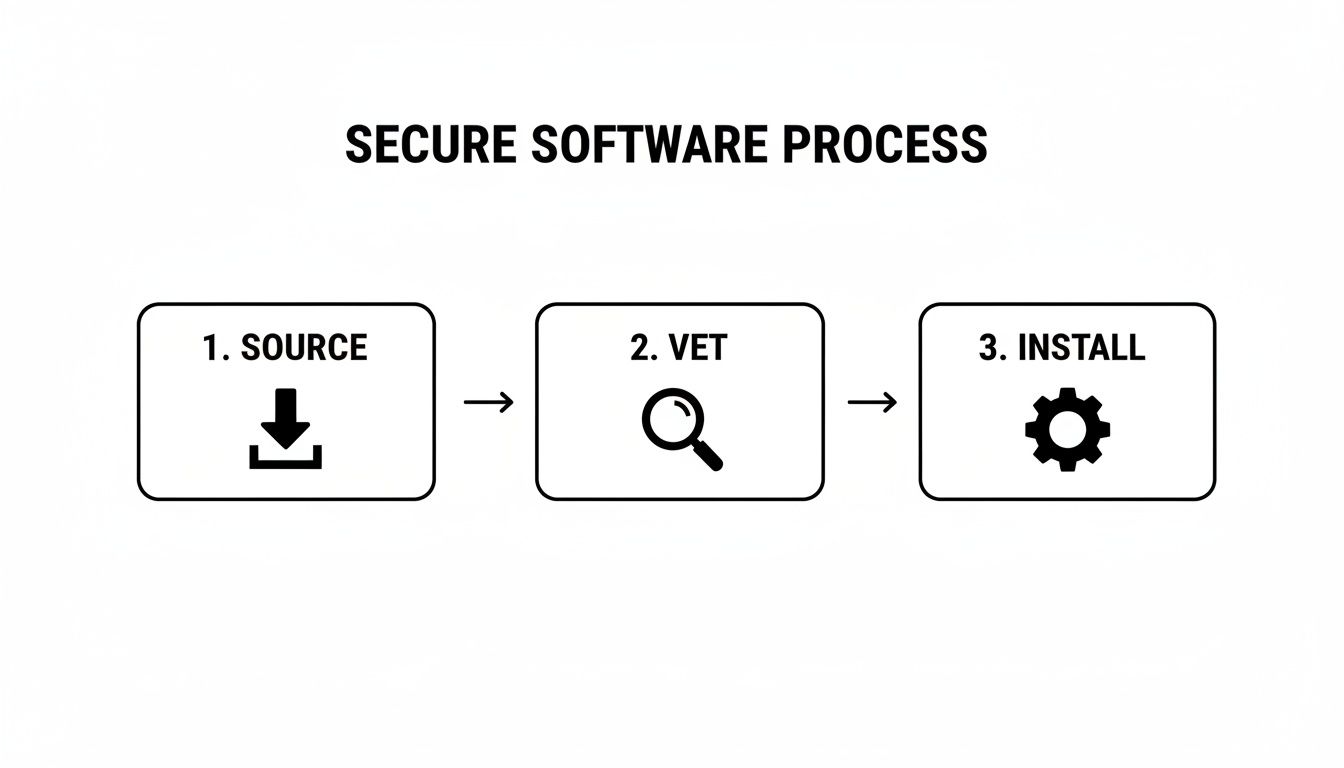 Diagram illustrating a three-step secure software process: source, vet, and install, with icons.