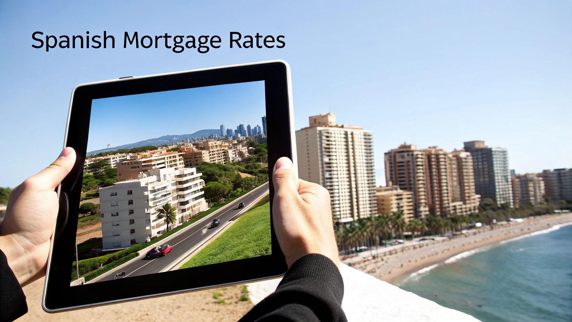 Hands holding a tablet showing a cityscape, overlooking a coastal city with a beach, promoting Spanish mortgage rates.