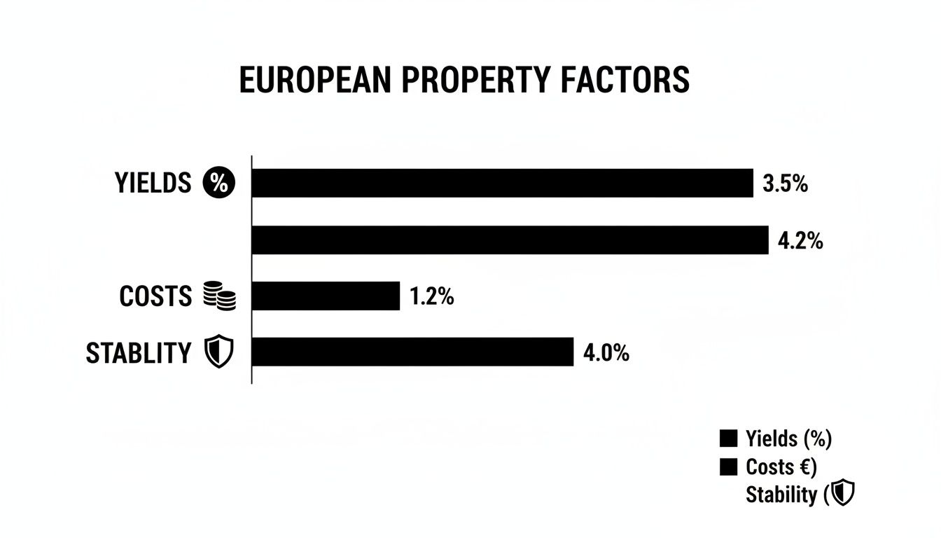 Bar chart showing European property factors: yields at 3.5% and 4.2%, costs at 1.2%, and stability at 4.0%.