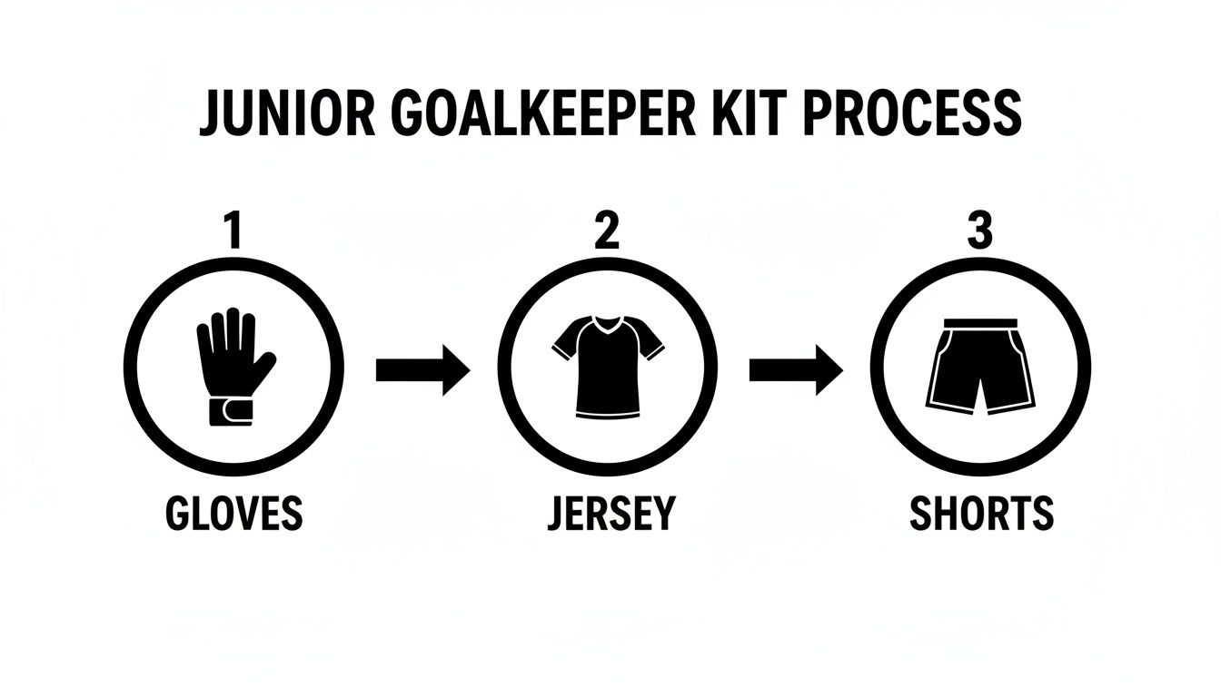 Flowchart illustrating the junior goalkeeper kit process, showing gloves, jersey, and shorts in sequence.