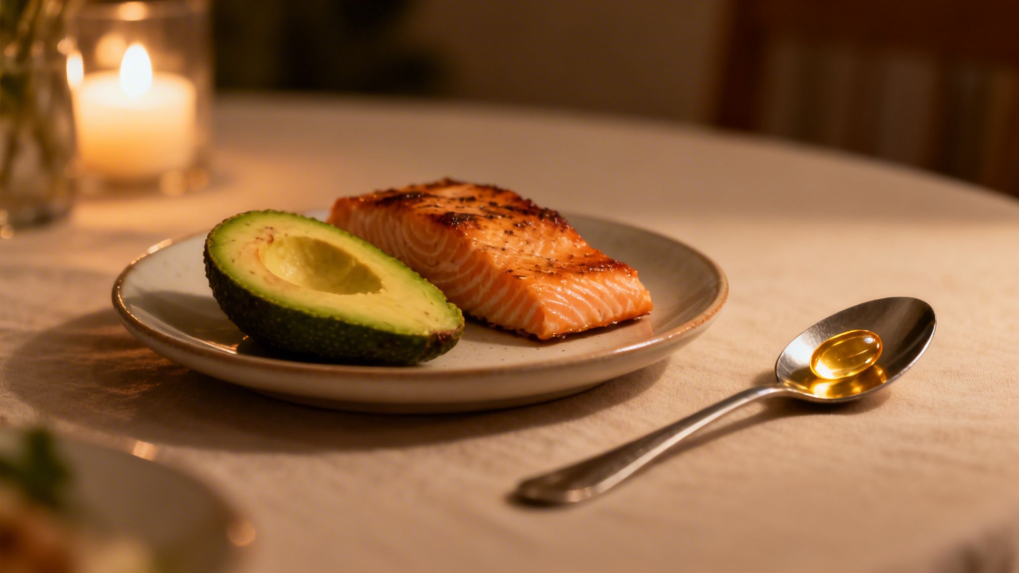 A plate with grilled salmon and avocado, next to a spoon holding a golden vitamin capsule, in a candlelit setting.