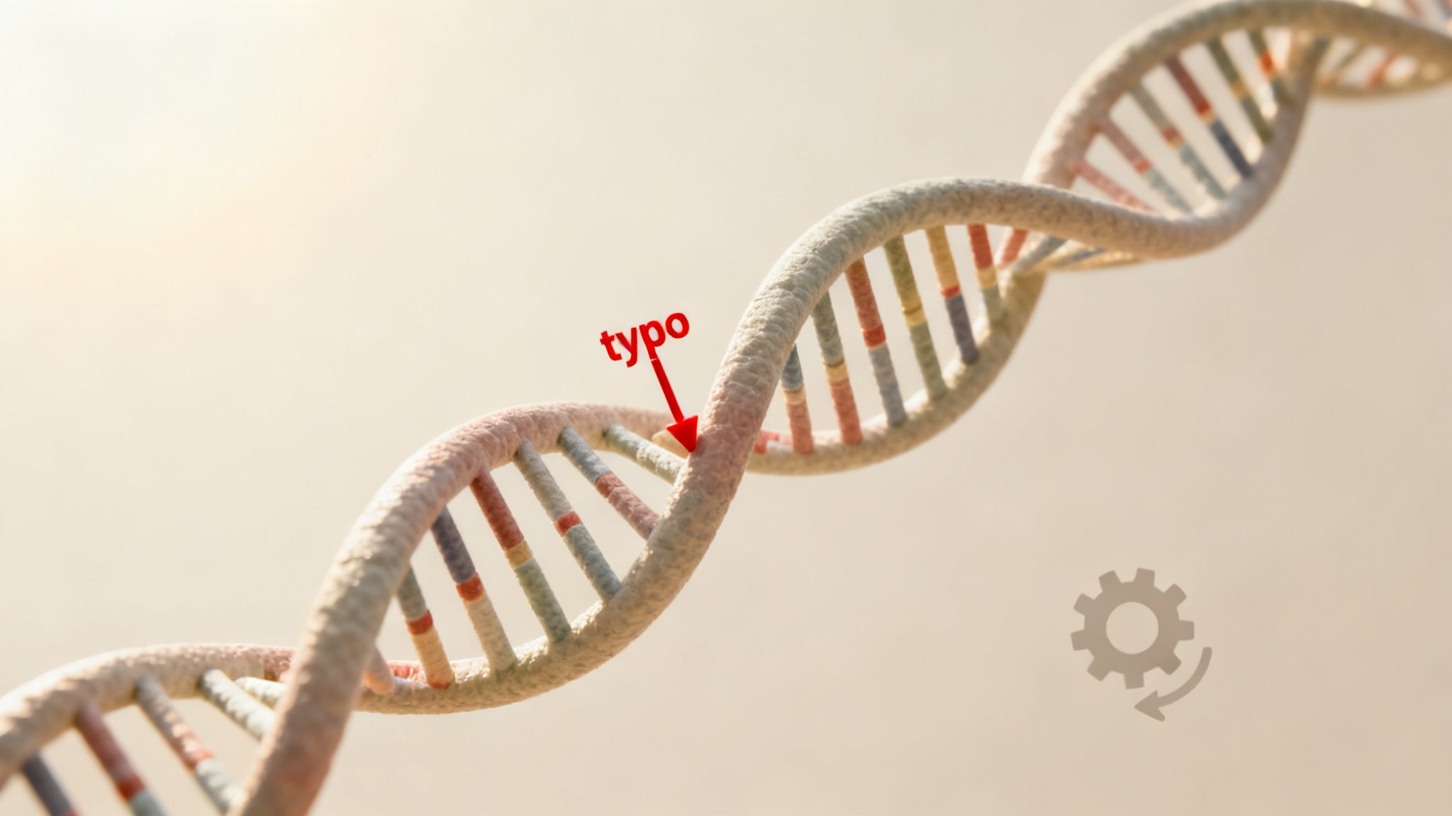 A 3D model of a DNA double helix with a red arrow pointing to a 'typo', symbolizing a genetic mutation or error.