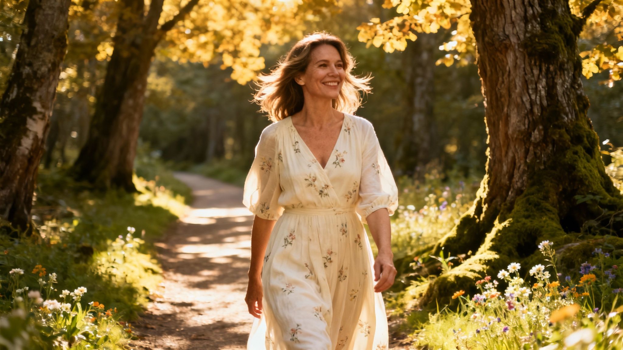 A woman smiling and holding a green smoothie, representing a healthy lifestyle after 40.