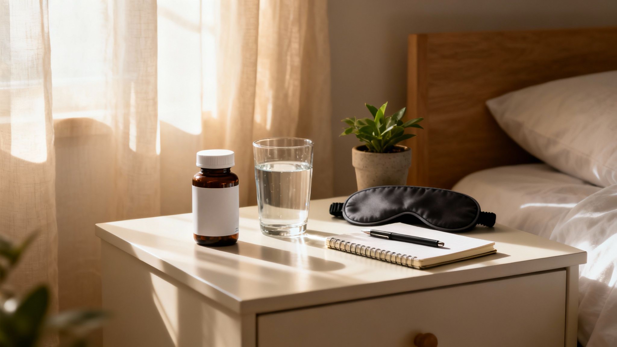 A bedroom nightstand with supplements, water, a sleep mask, notebook, and plant in sunlight.