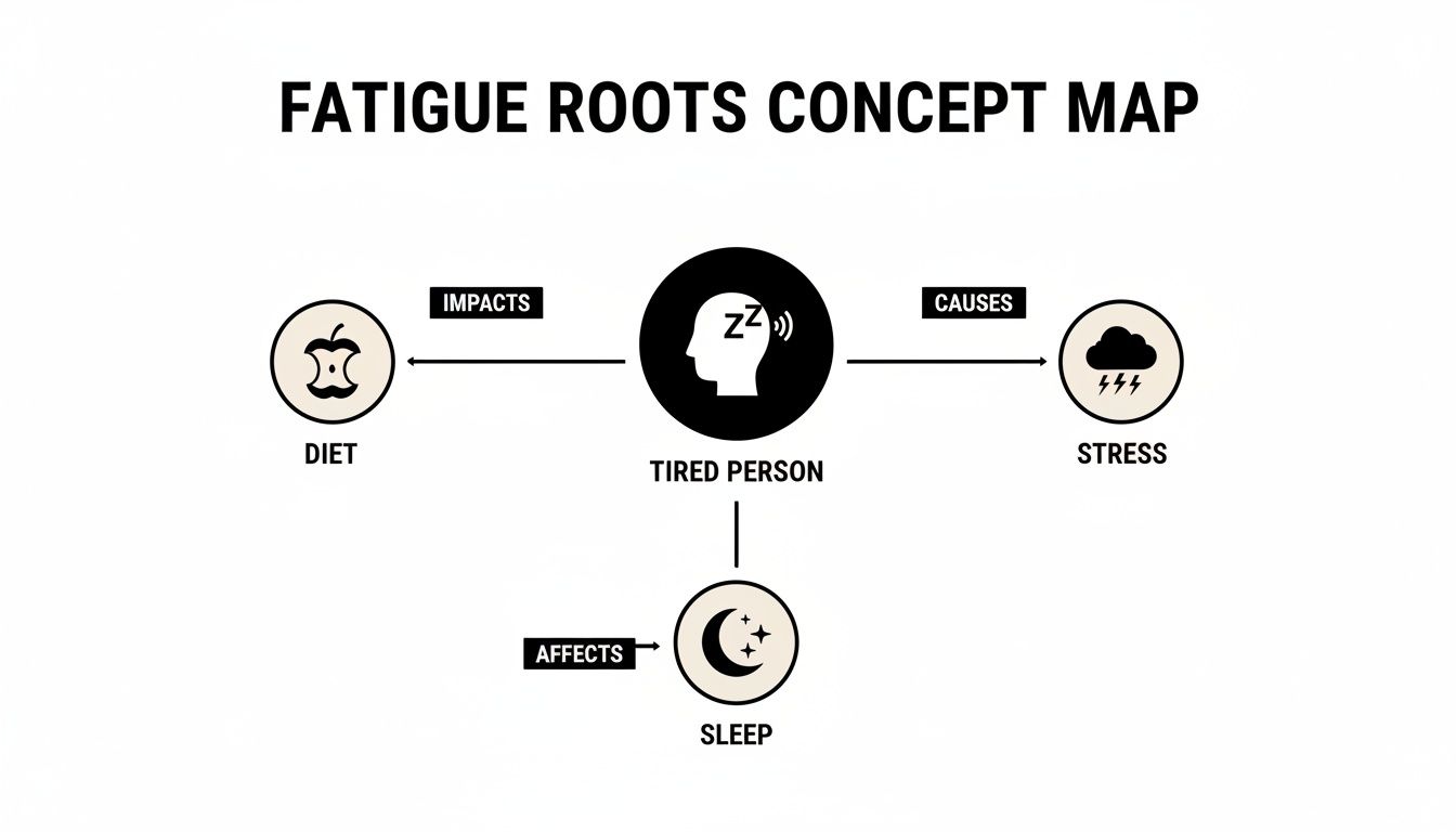 A concept map illustrating the roots of fatigue, showing diet impacts, stress causes, and sleep affecting a tired person.
