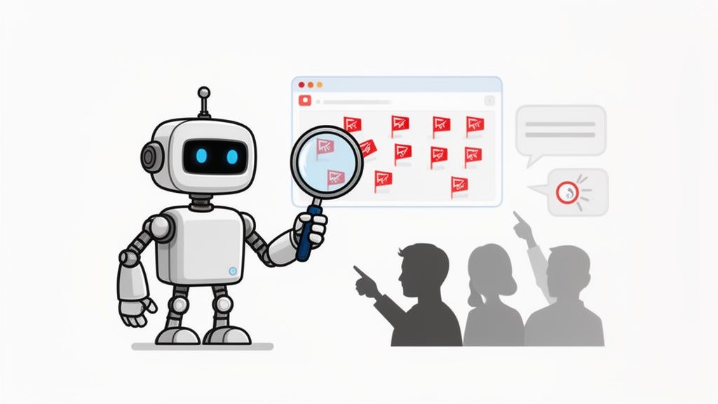 An AI robot uses a magnifying glass to review flagged content on a webpage while people point at issues.
