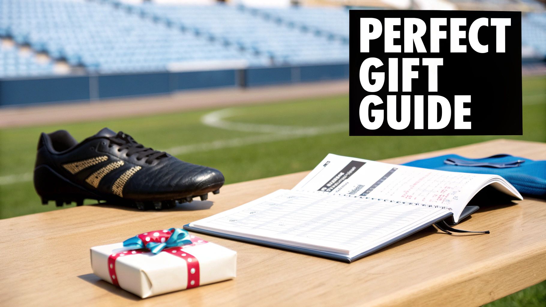 A smiling young football player holding a new football as a gift