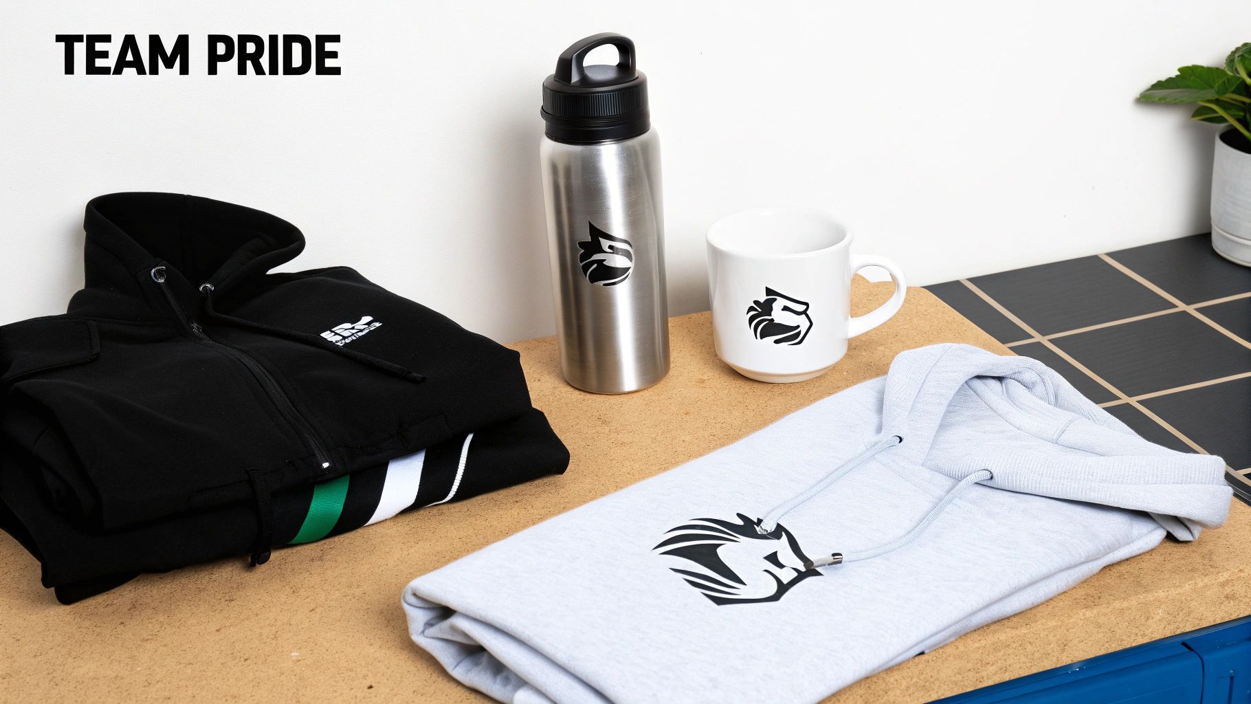 Assortment of 'Team Pride' merchandise, including hoodies, a water bottle, and a mug with a lion logo.