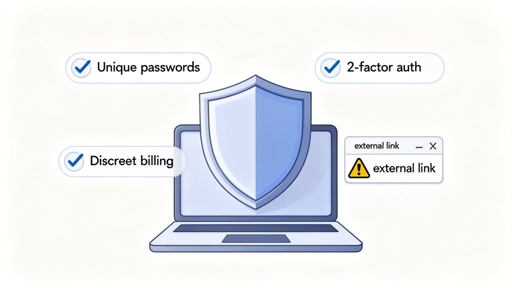 Laptop with a security shield, showing unique passwords, 2-factor auth, discreet billing, and an external link warning.