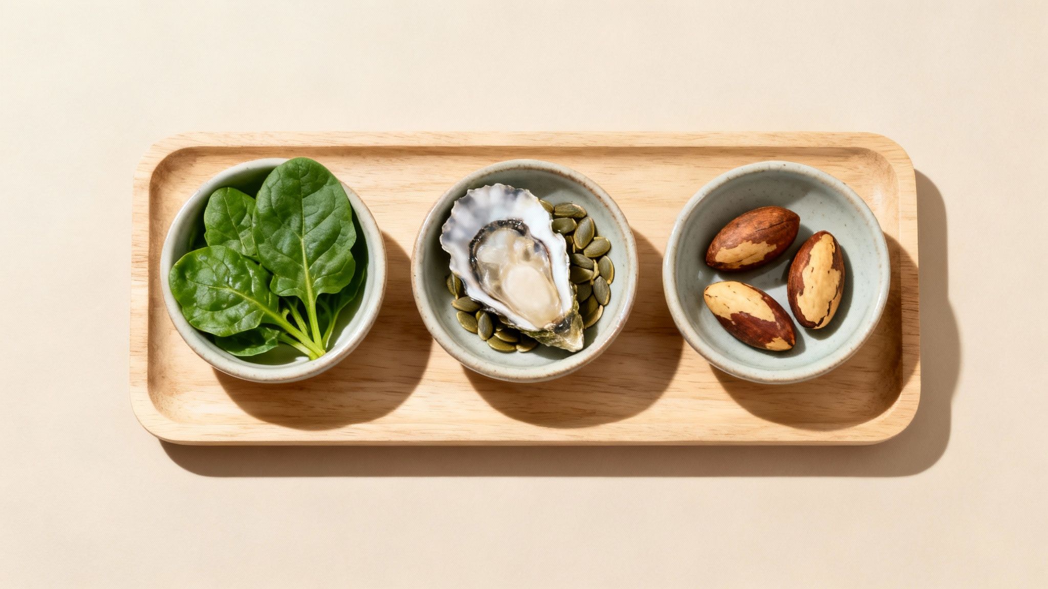 Spinach, an oyster with pumpkin seeds, and Brazil nuts in bowls on a wooden tray.