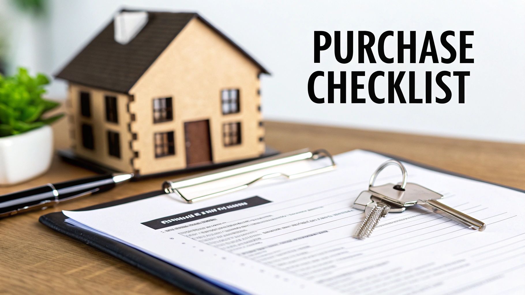 Miniature house, keys, and purchase checklist document on a desk, representing property buying.