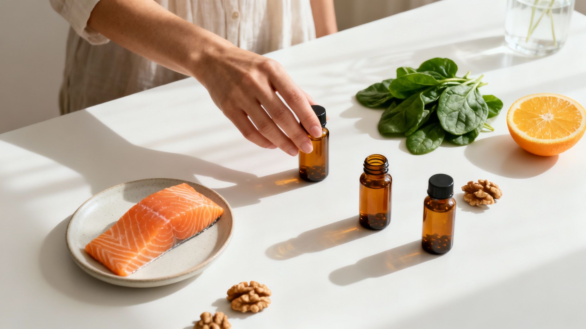A hand reaches for a supplement bottle surrounded by nutritious foods like salmon, spinach, orange, and walnuts.