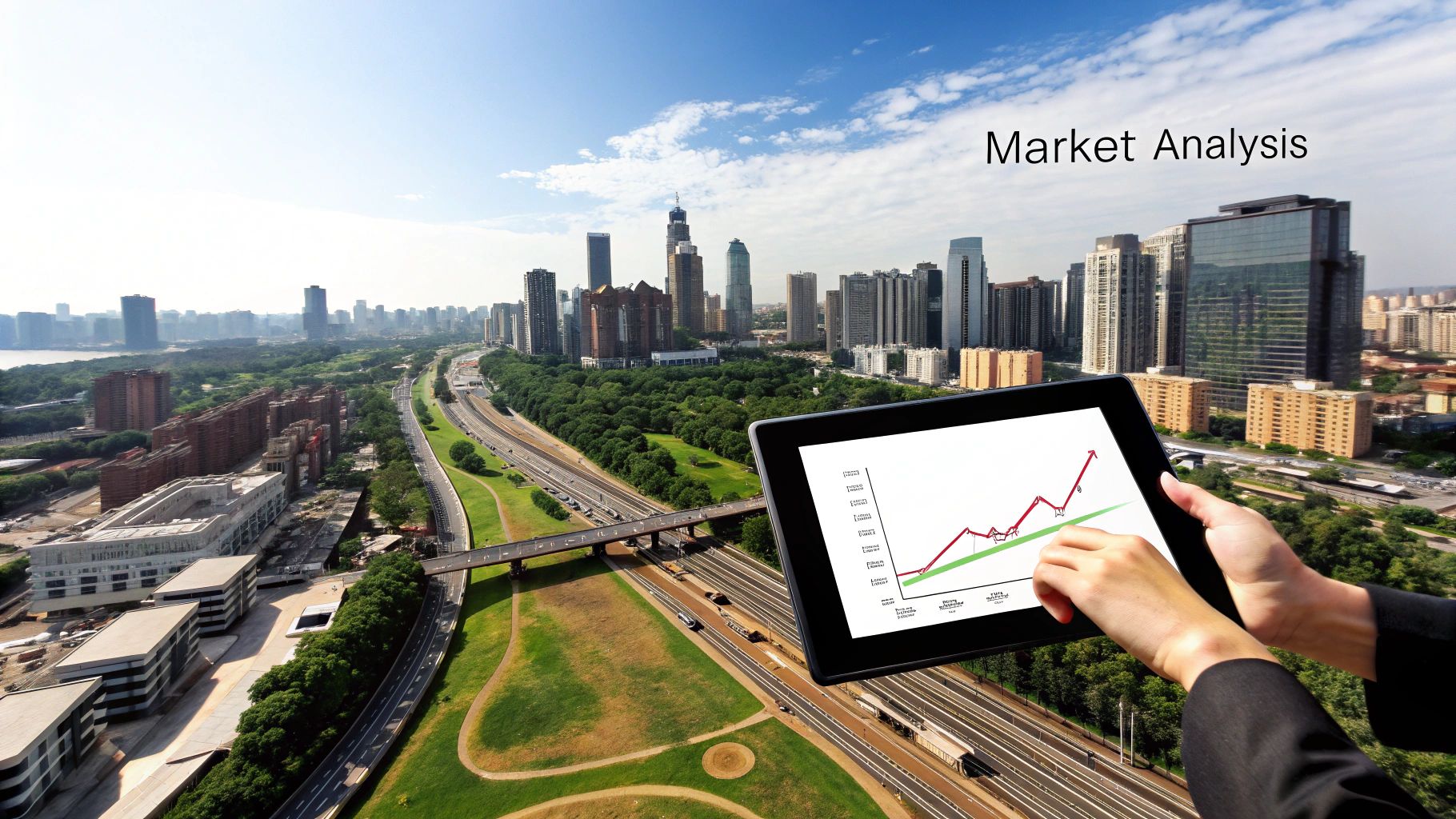 Hands holding a tablet displaying an upward market analysis graph over a modern cityscape.