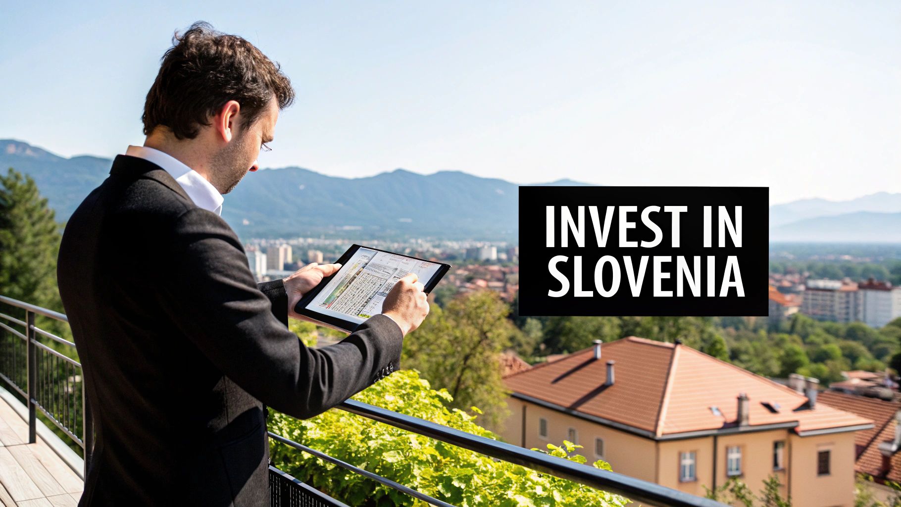 Businessman on a balcony looking at a tablet with a city skyline and mountains, promoting investment in Slovenia.